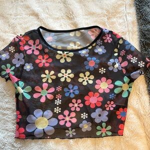 SHEIN Black Mesh Crop Top with Multicolor Floral Print